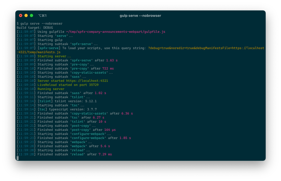 Screenshot of a terminal window with the output of the gulp serve command.