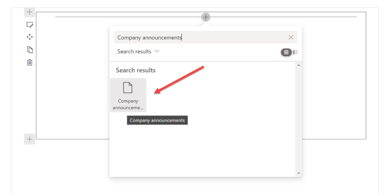 Screenshot of the web part for company announcements in the toolbox.
