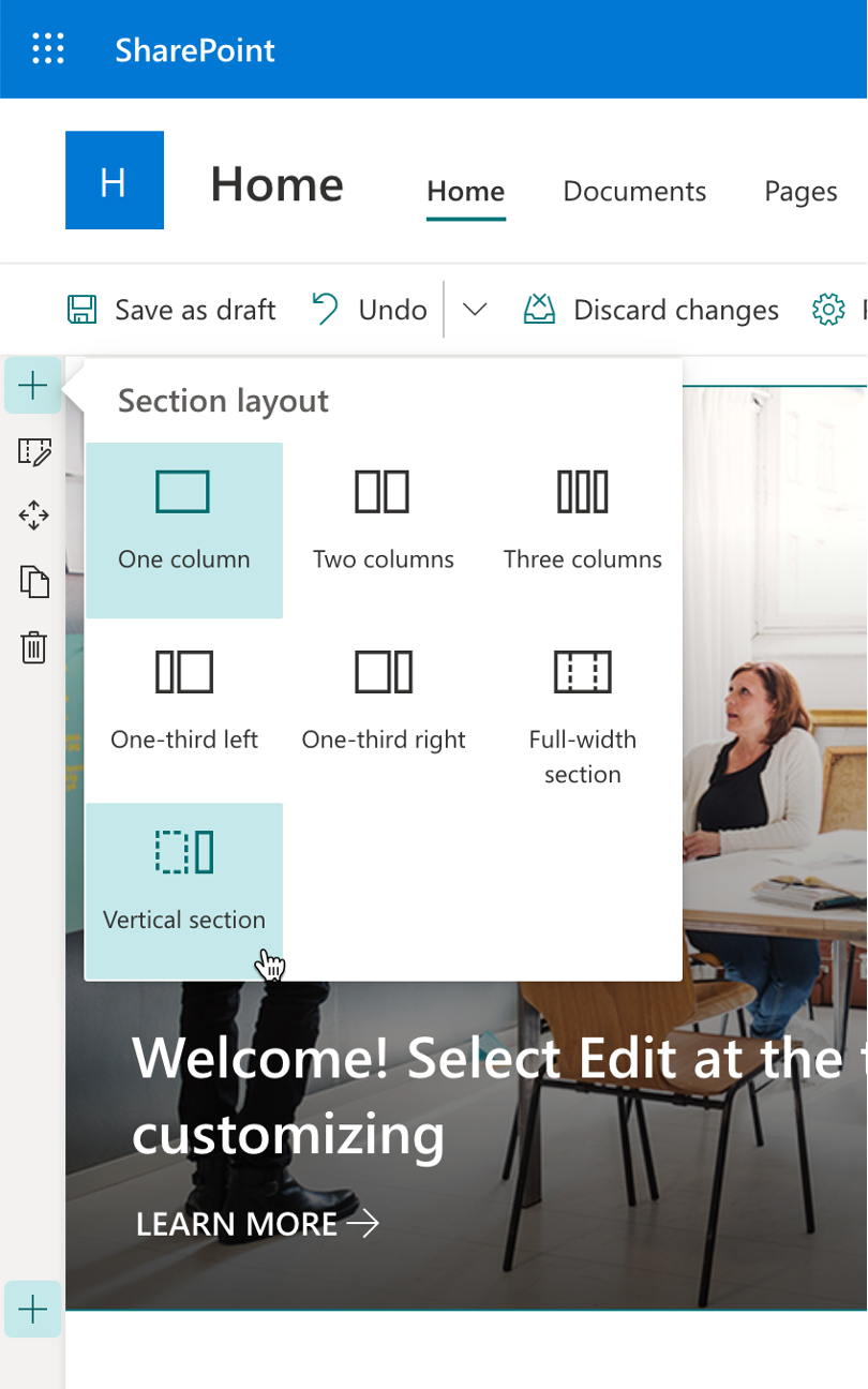 Screenshot that shows the button for adding a vertical section in the section layout options.