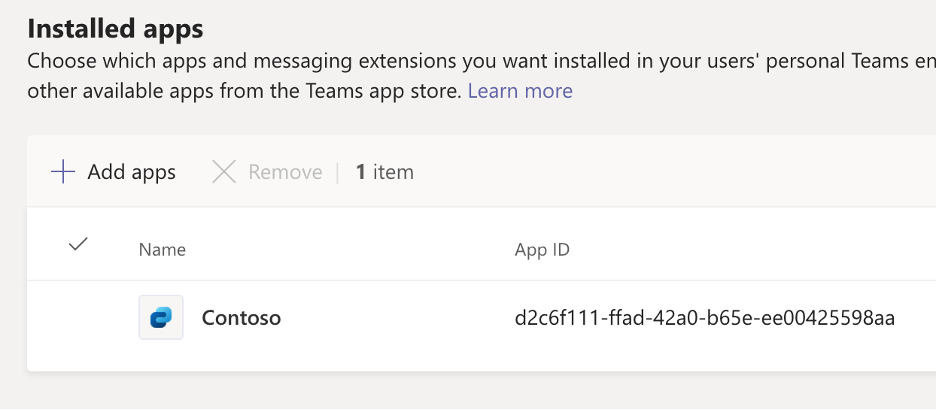 Screenshot that shows the Viva Connections app listed in the overview of installed Microsoft Teams apps.