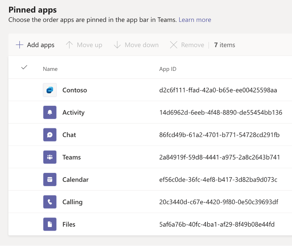 Screenshot that shows the Viva Connections apps listed under pinned Microsoft Teams apps.