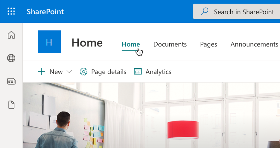 Screenshot that shows the Home link on the SharePoint site navigation.
