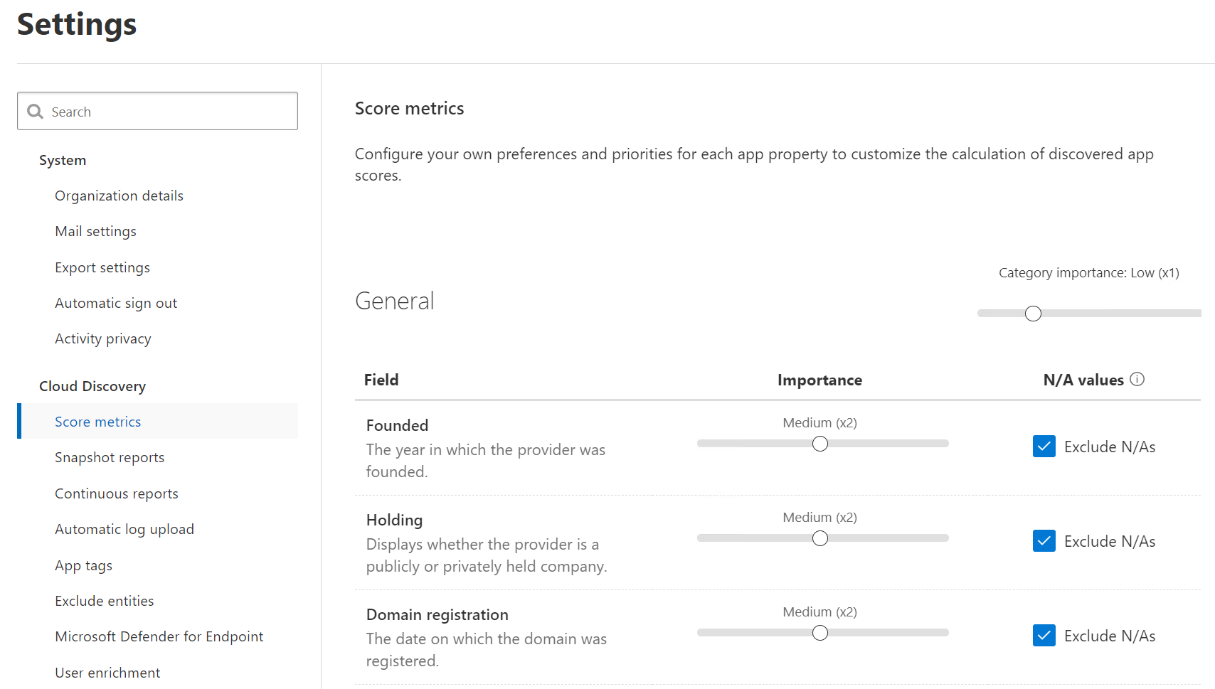 A screenshot of the Settings page in Defender for Cloud Apps. The Administrator has selected the Score metrics tab.