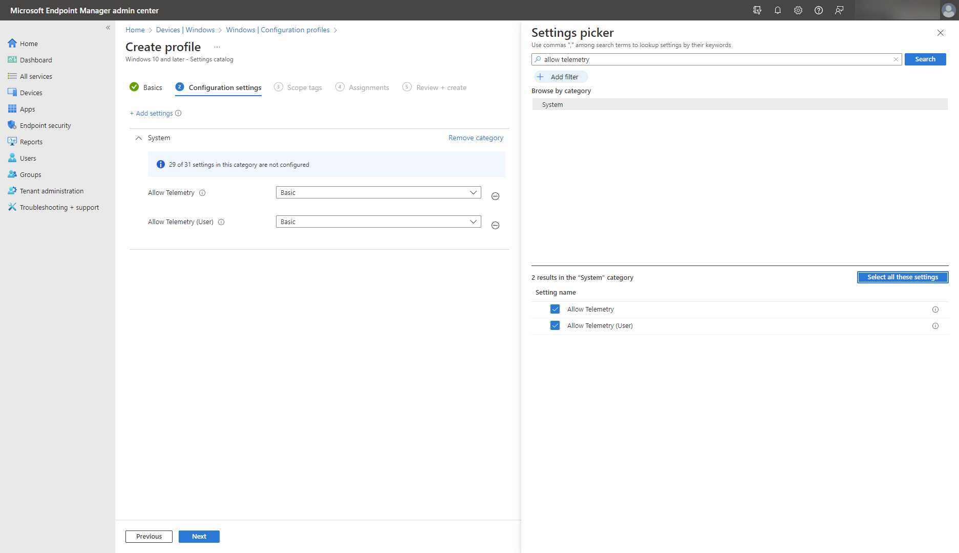 A screenshot that shows the diagnostic data configuration in Intune's settings catalog.