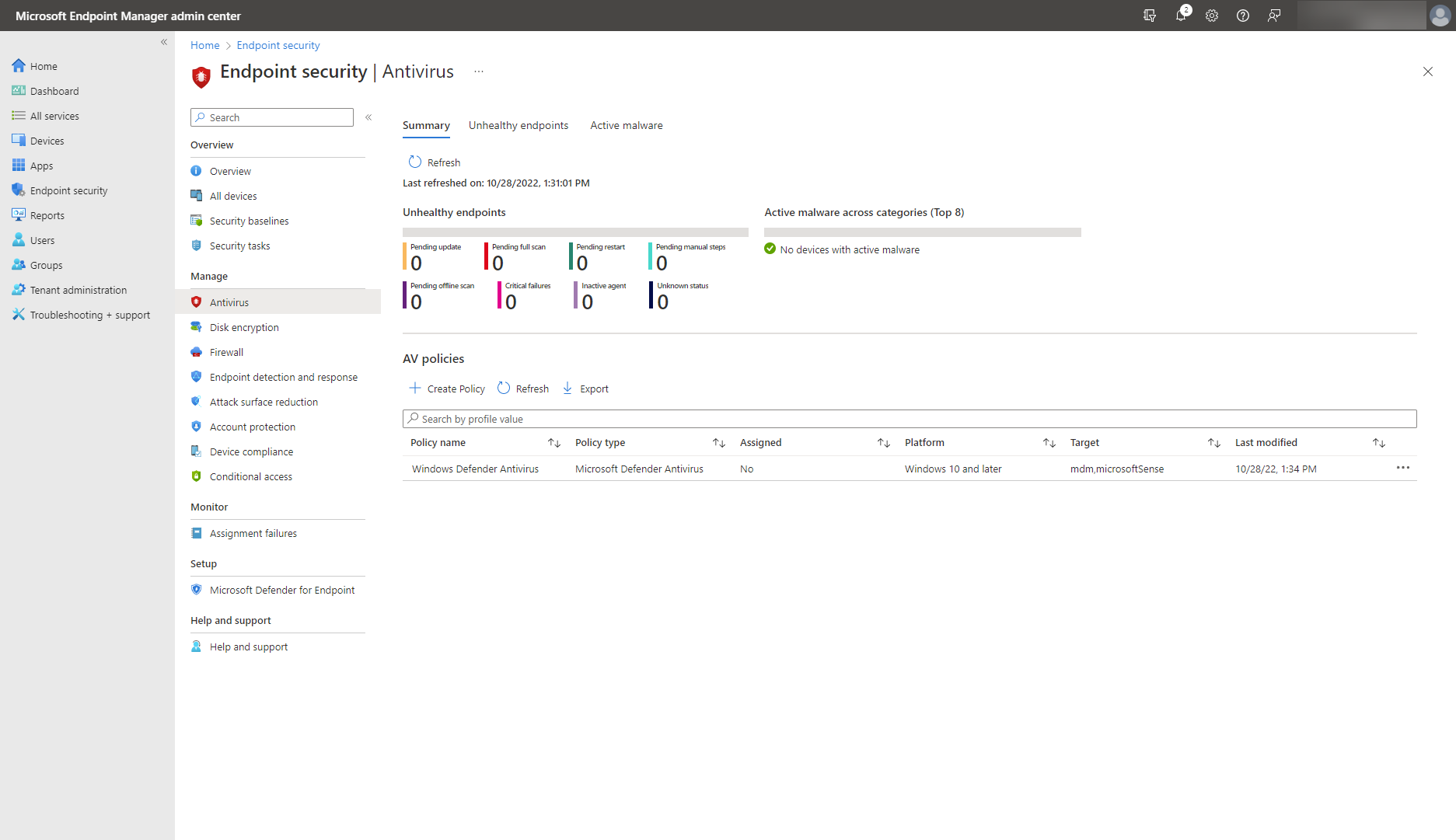 A screenshot shows the Antivirus summary view of Endpoint security.