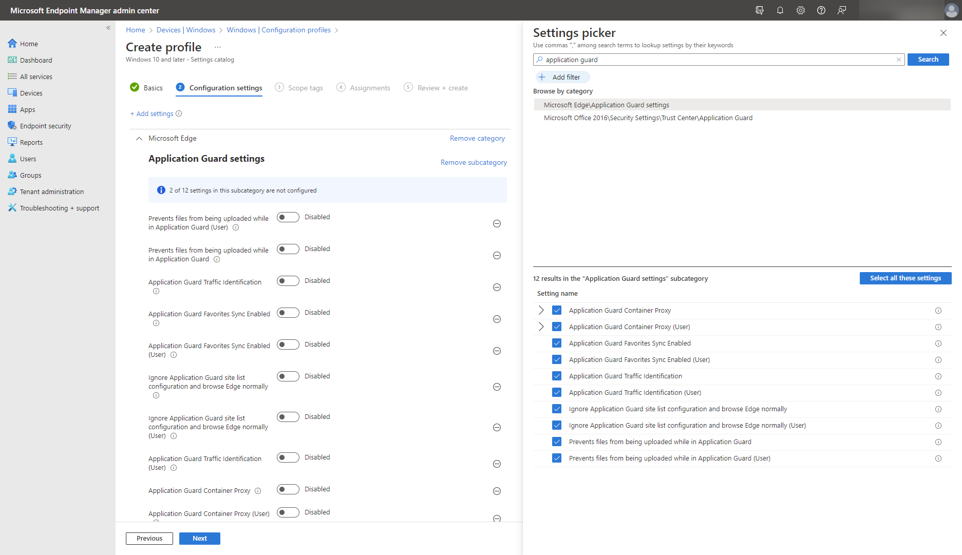 A screenshot shows the Microsoft Defender Application Guard settings for Microsoft Edge in settings catalog in Microsoft Intune.