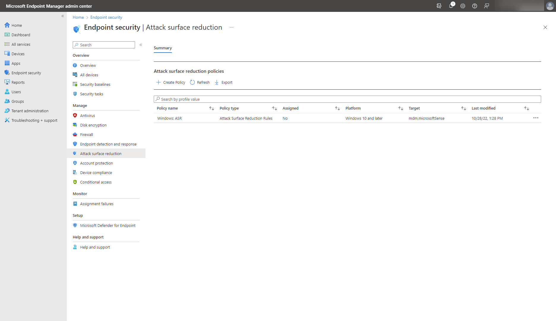 A screenshot of the Attack surface reduction summary view of Endpoint security.