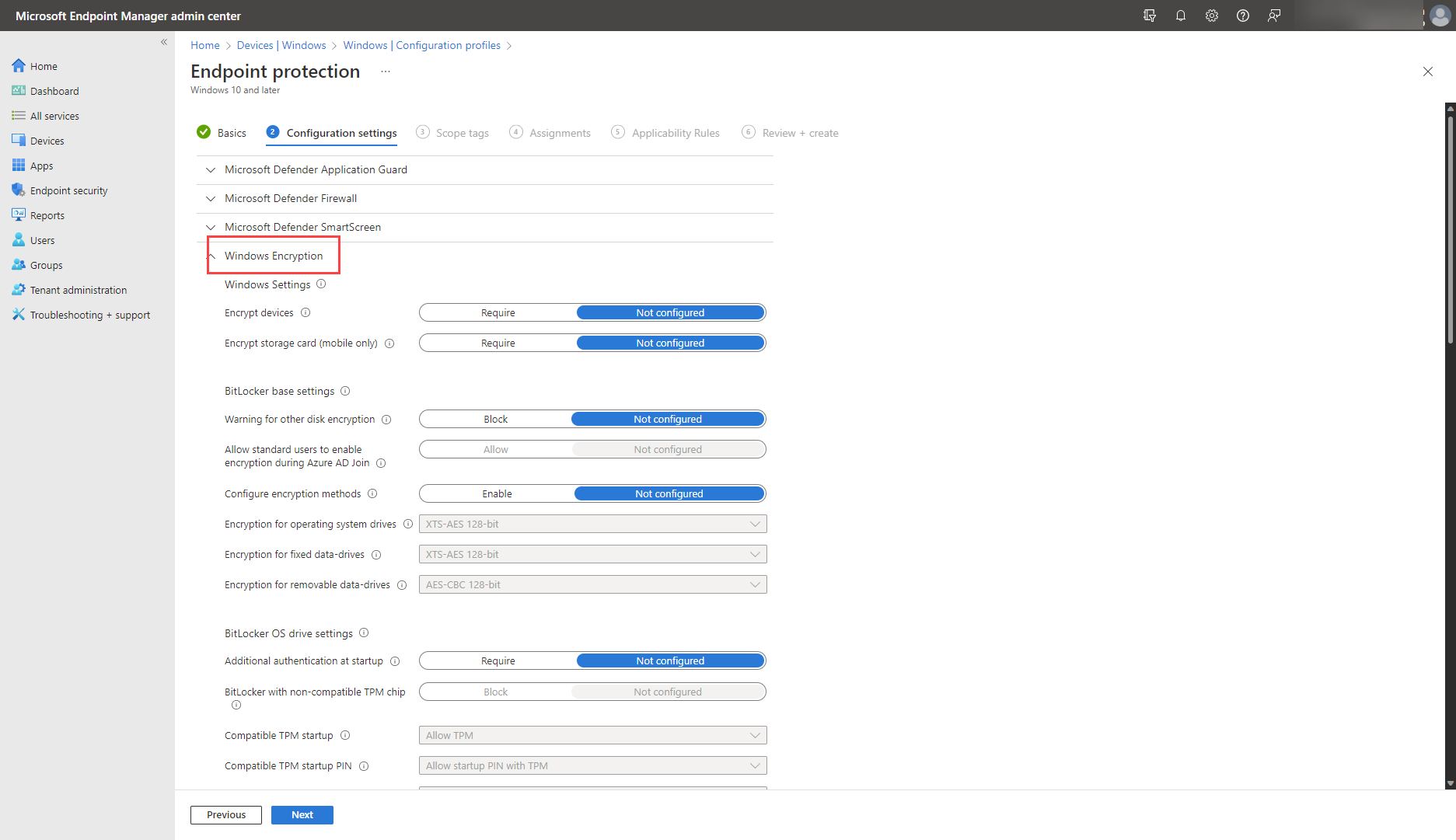 A screenshot of the Microsoft Intune configuration settings for endpoint protection.
