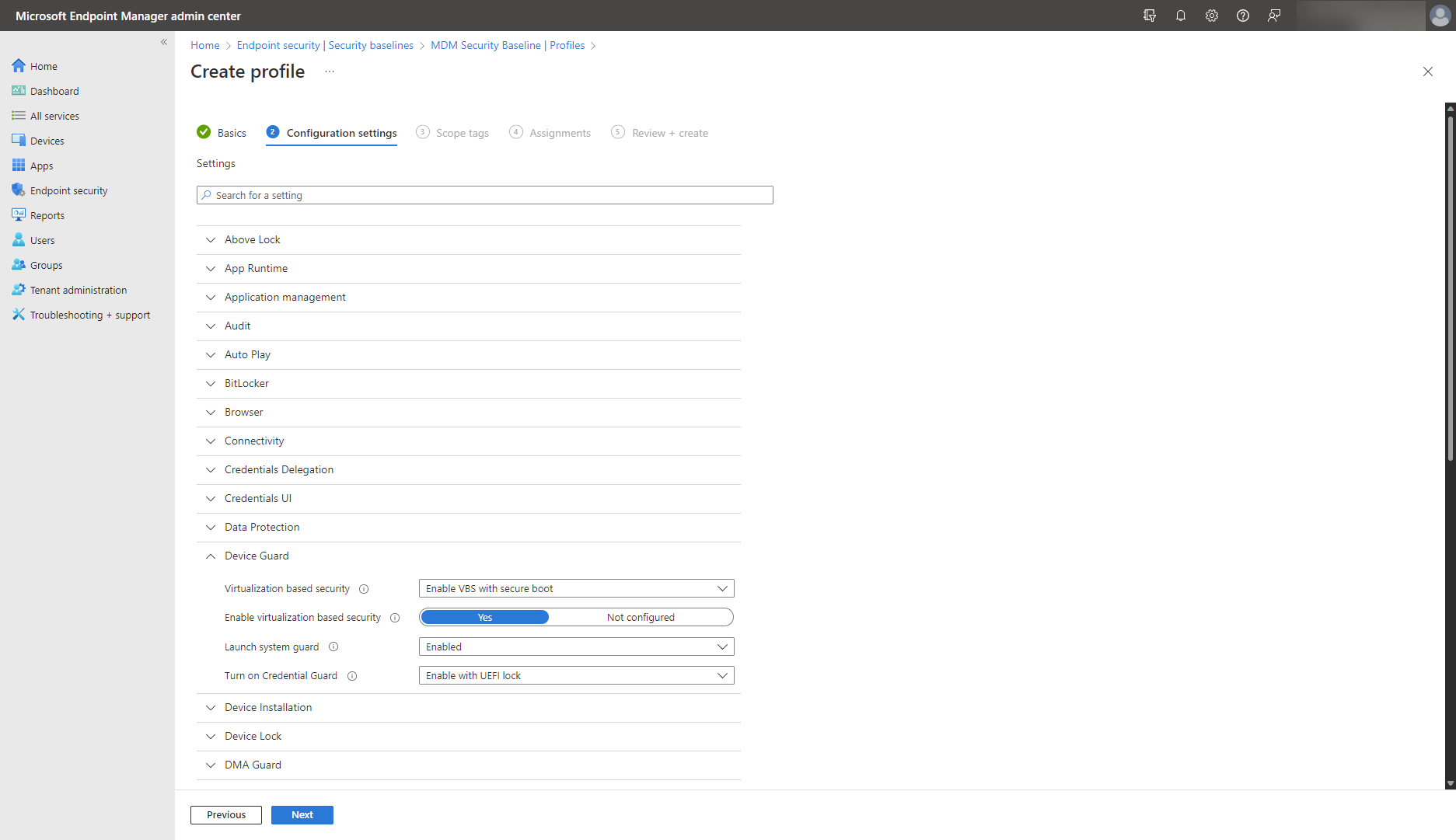 A screenshot of a security baseline in Microsoft Intune, demonstrating that baselines include the option to turn on Credential Guard.