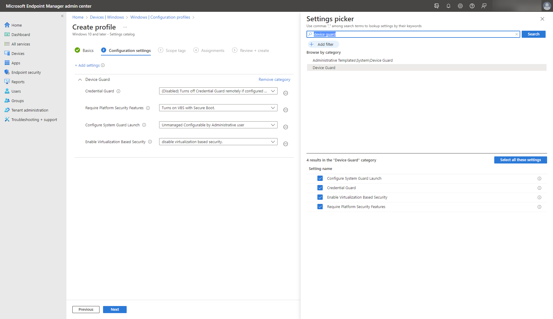 A screenshot that shows the Settings catalog in Microsoft Intune, showing Device Guard features, including Credential Guard.