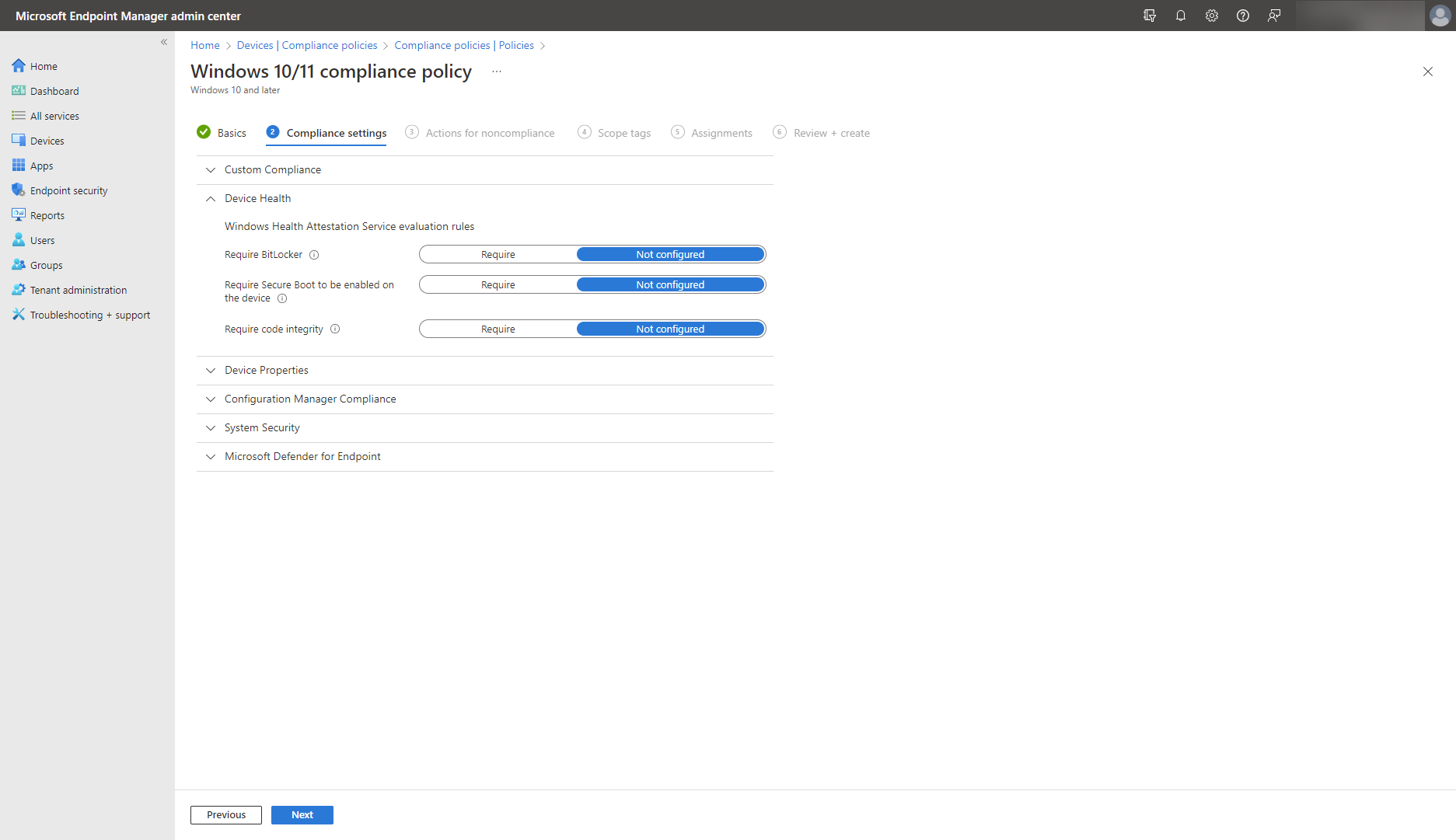 A screenshot shows the Microsoft Intune security baselines for device health.