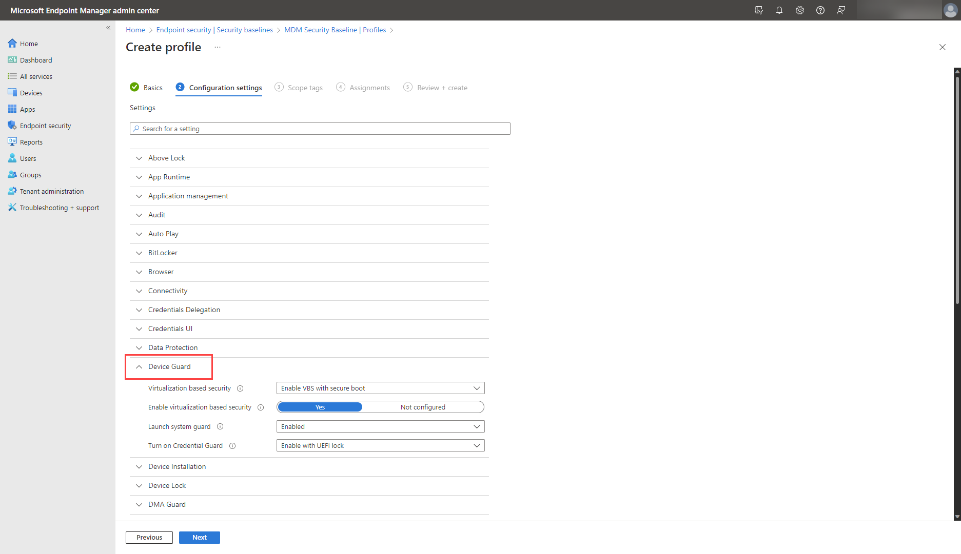 A screenshot of the Configure Launch system guard with security baselines in Microsoft Intune.
