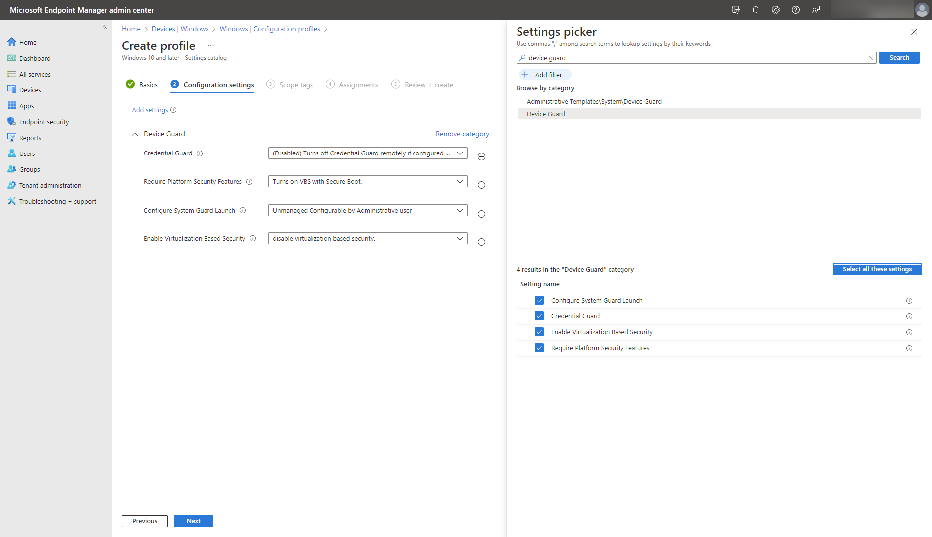 A screenshot of the Configure system guard launch with settings catalog in Microsoft Intune.