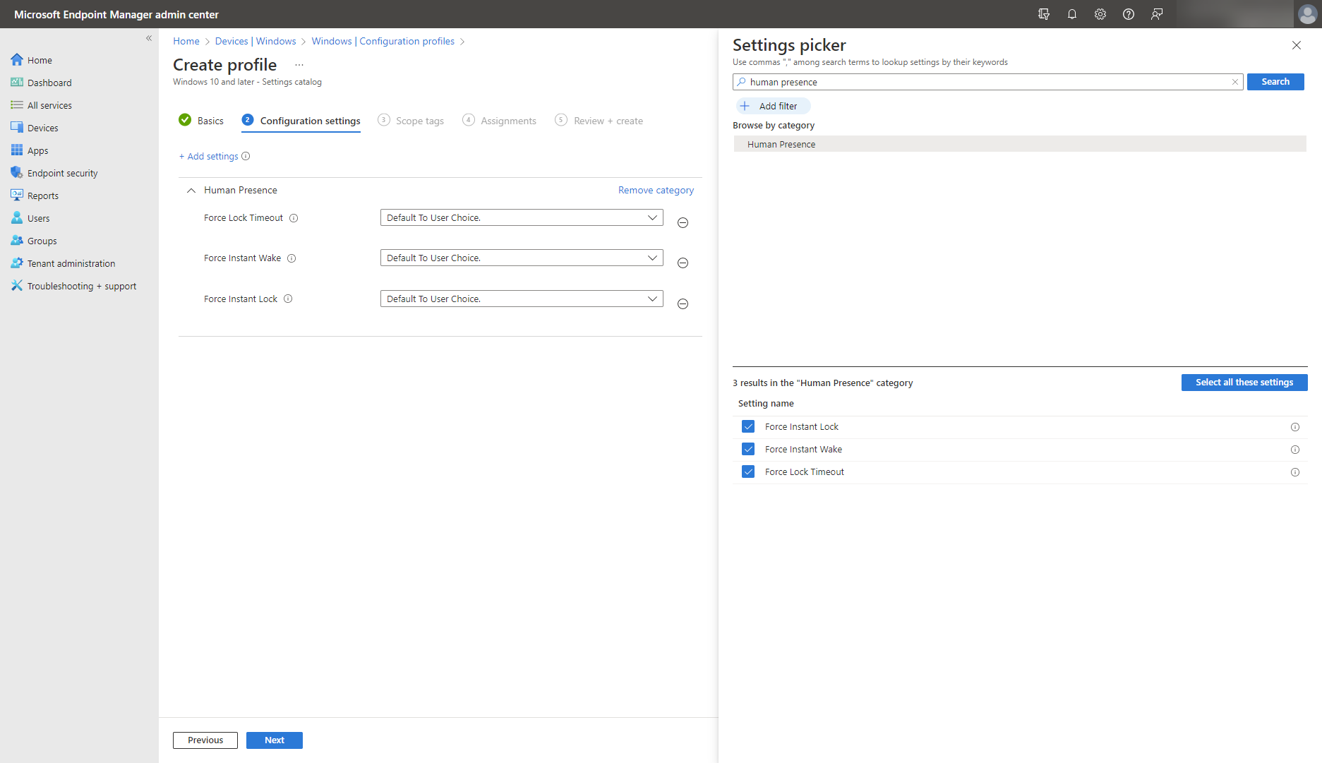 A screenshot that shows Microsoft Intune’s settings catalog options for wake on approach and lock on leave.