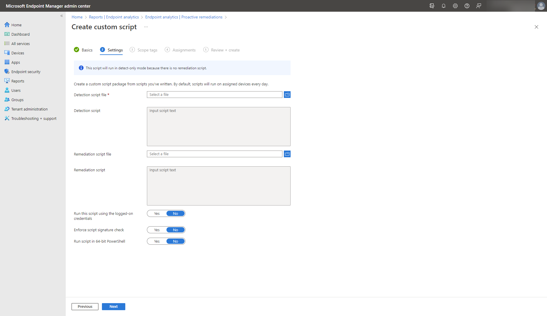 A screenshot shows the Endpoint analytics view in Microsoft Intune, focused on how to create a custom script.