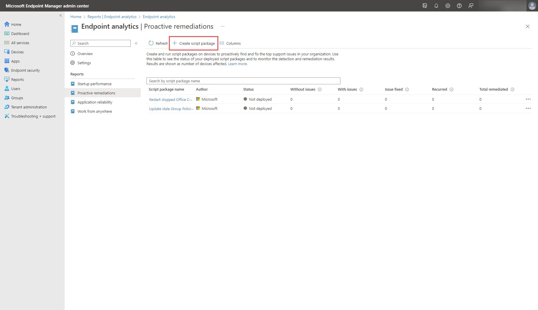 A screenshot of the Endpoint analytics view in Microsoft Intune, focused on where to create a script package.