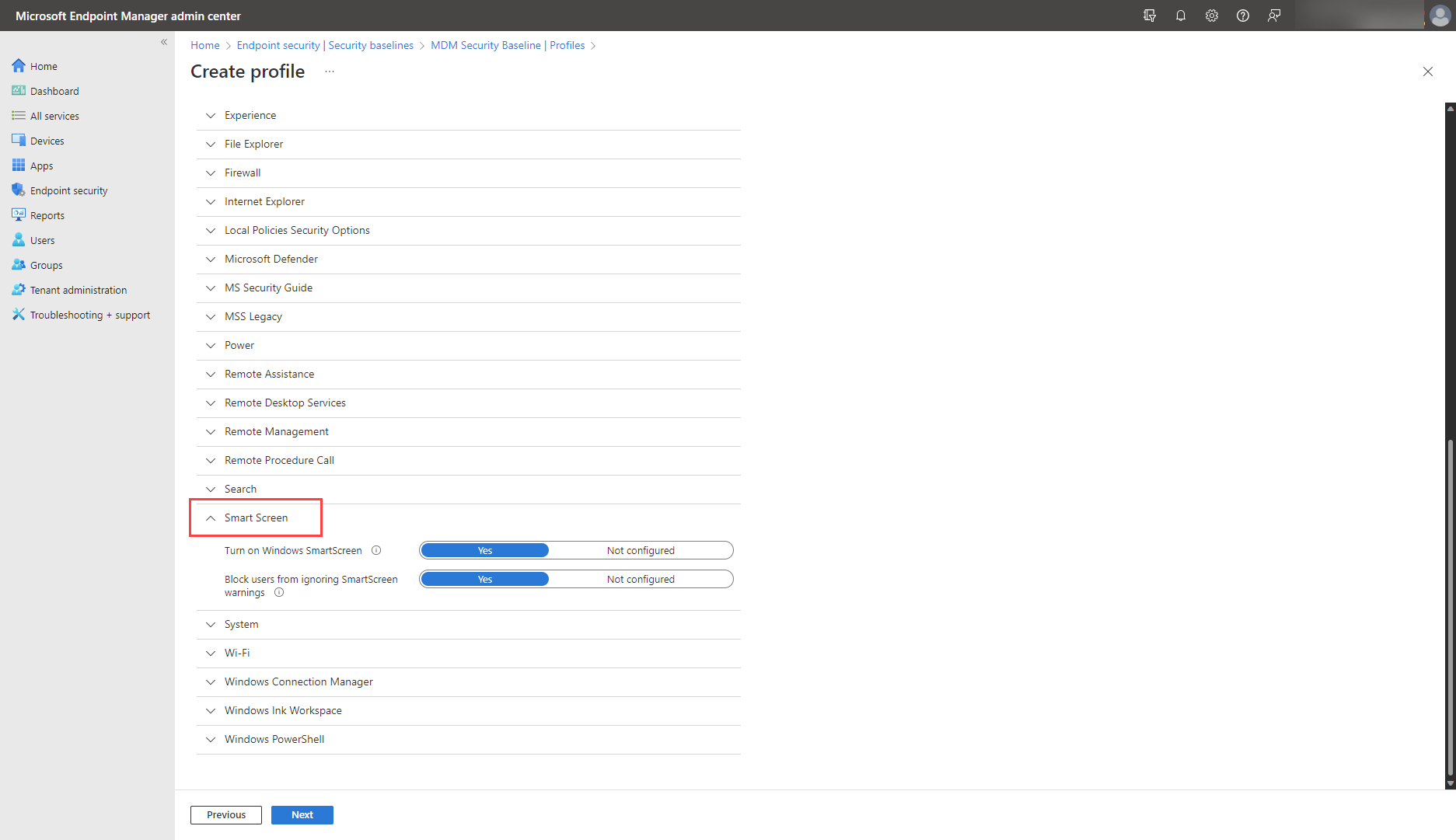 A screenshot of the Security baselines for Windows SmartScreen in Microsoft Intune.