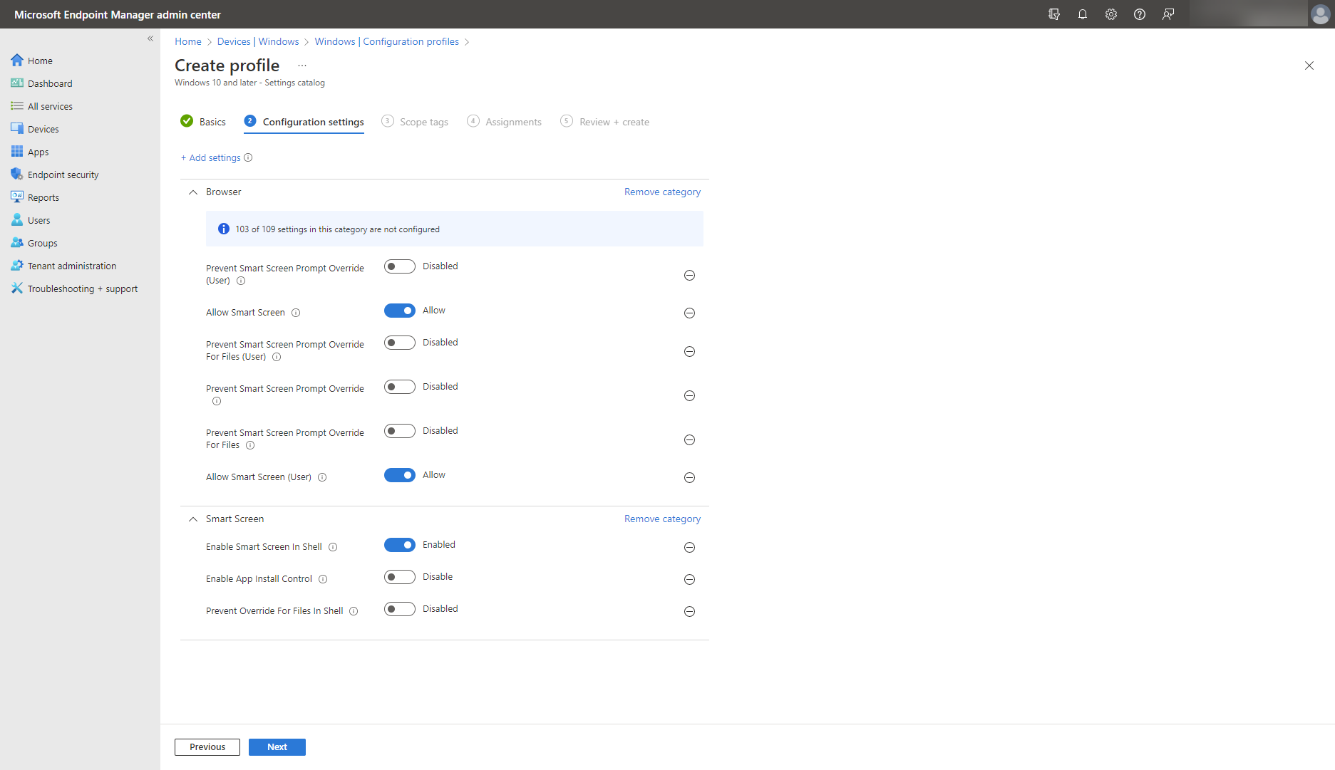 A screenshot of the Windows SmartScreen settings in Microsoft Intune's settings catalog.