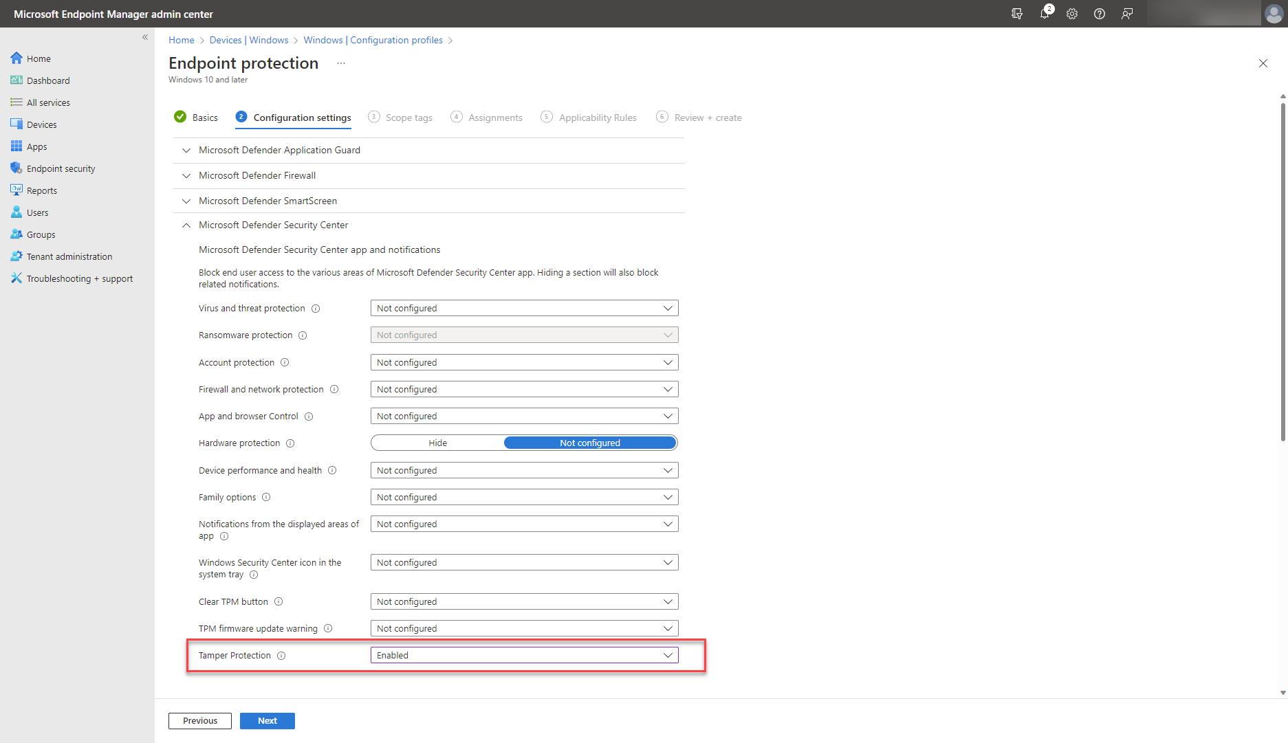 A screenshot of the Microsoft Defender security center options in Microsoft Intune, focused on enabled Tamper protection.