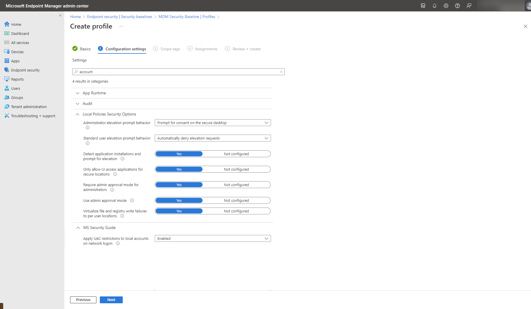 A screenshot shows the Configure User Account Control with security baselines in Microsoft Intune.