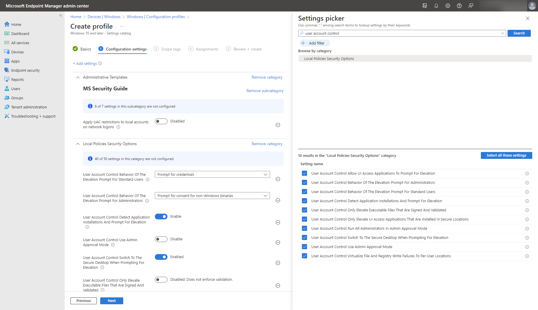 A screenshot shows the Configure User Account Control with settings catalog in Microsoft Intune.