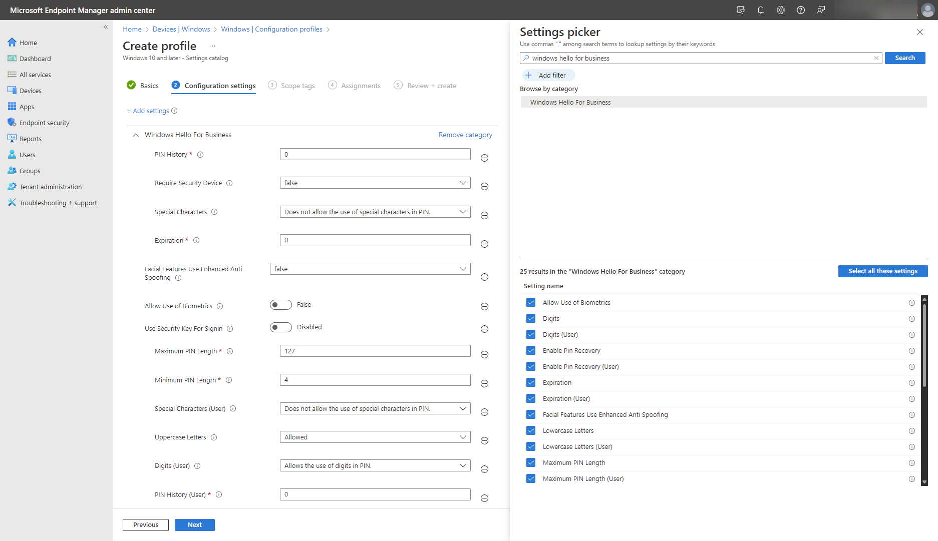 A screenshot that shows Microsoft Intune’s settings catalog options for Windows Hello for Business.