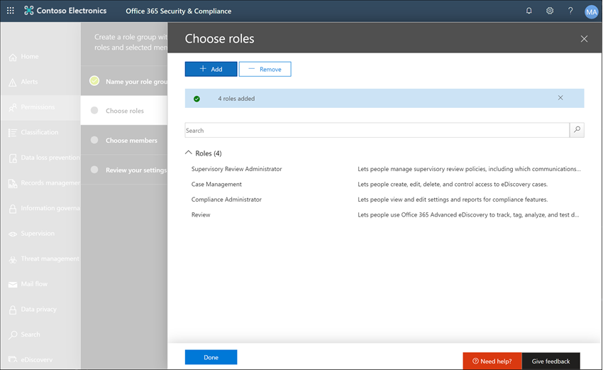 Screenshot shows Choose roles page. It displays a list of required roles to be added.