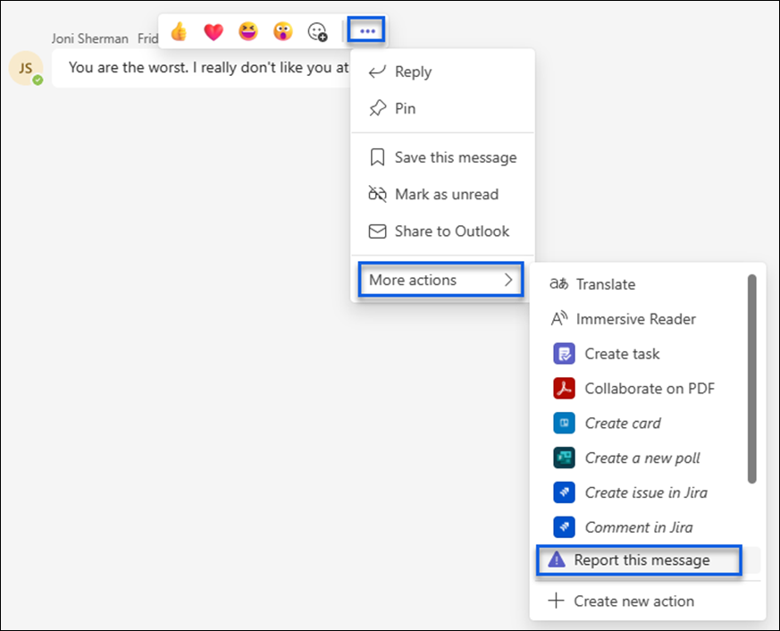 Screenshot of reporting a message in Microsoft Teams.