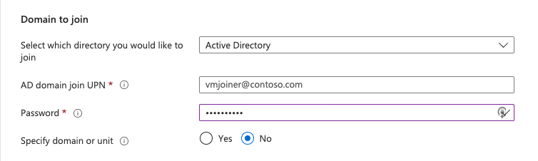 Screenshot of the Azure Virtual Desktop create host pool virtual machine domain to join.