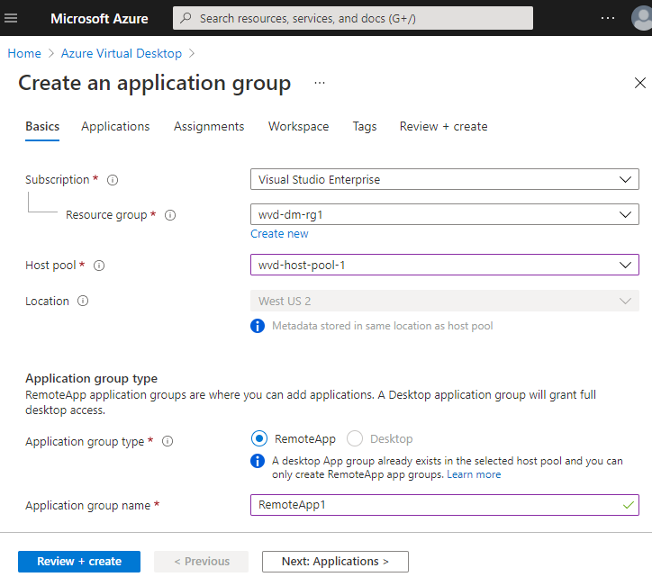 Screenshot of the application groups basics tab filled out using values from table.
