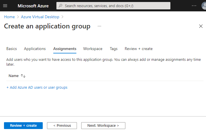 Screenshot of the assignments tab with Add Azure AD users or user groups highlighted.