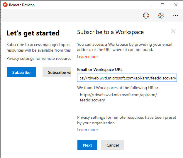 Screenshot of the subscribe to workspace form with the URL pasted in.