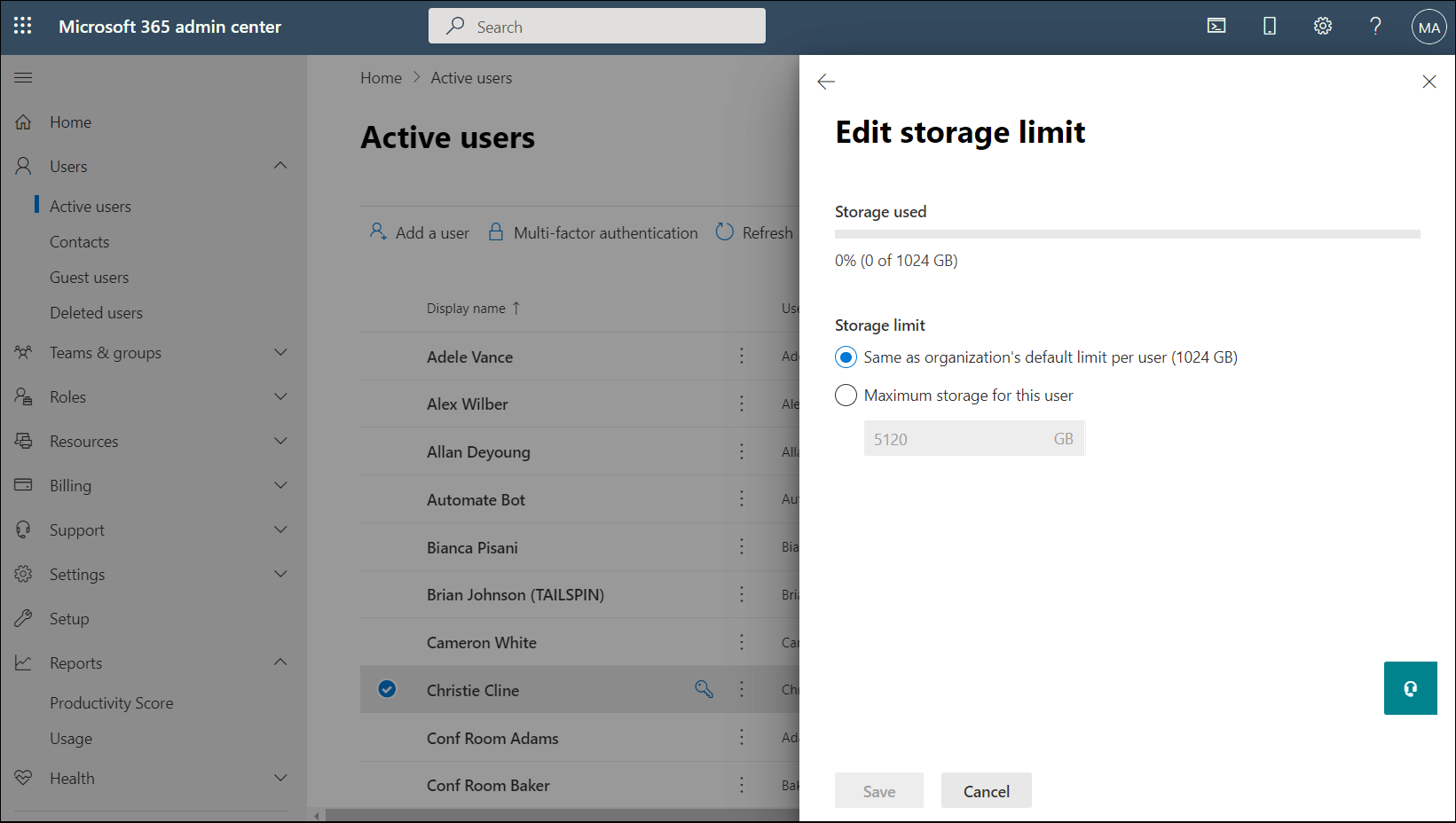Screenshot of the edit storage limit options in Microsoft 365 admin center.