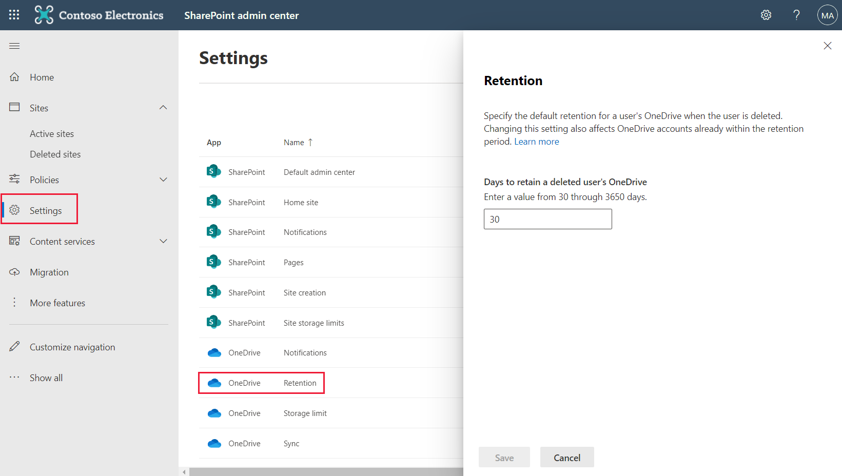 Screenshot of the SharePoint admin center options for OneDrive retention.