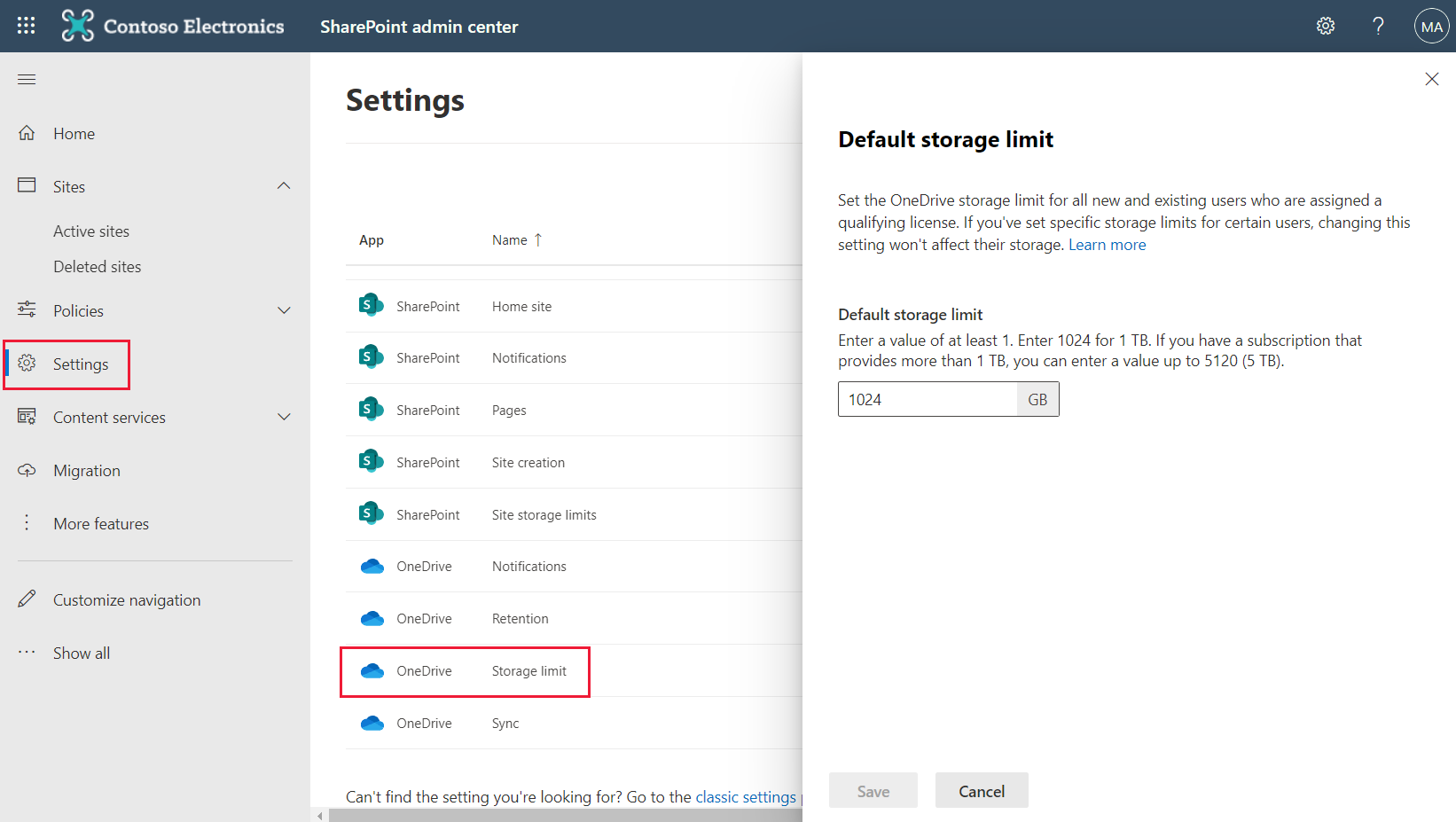 Screenshot of the SharePoint admin center OneDrive default storage limit settings.