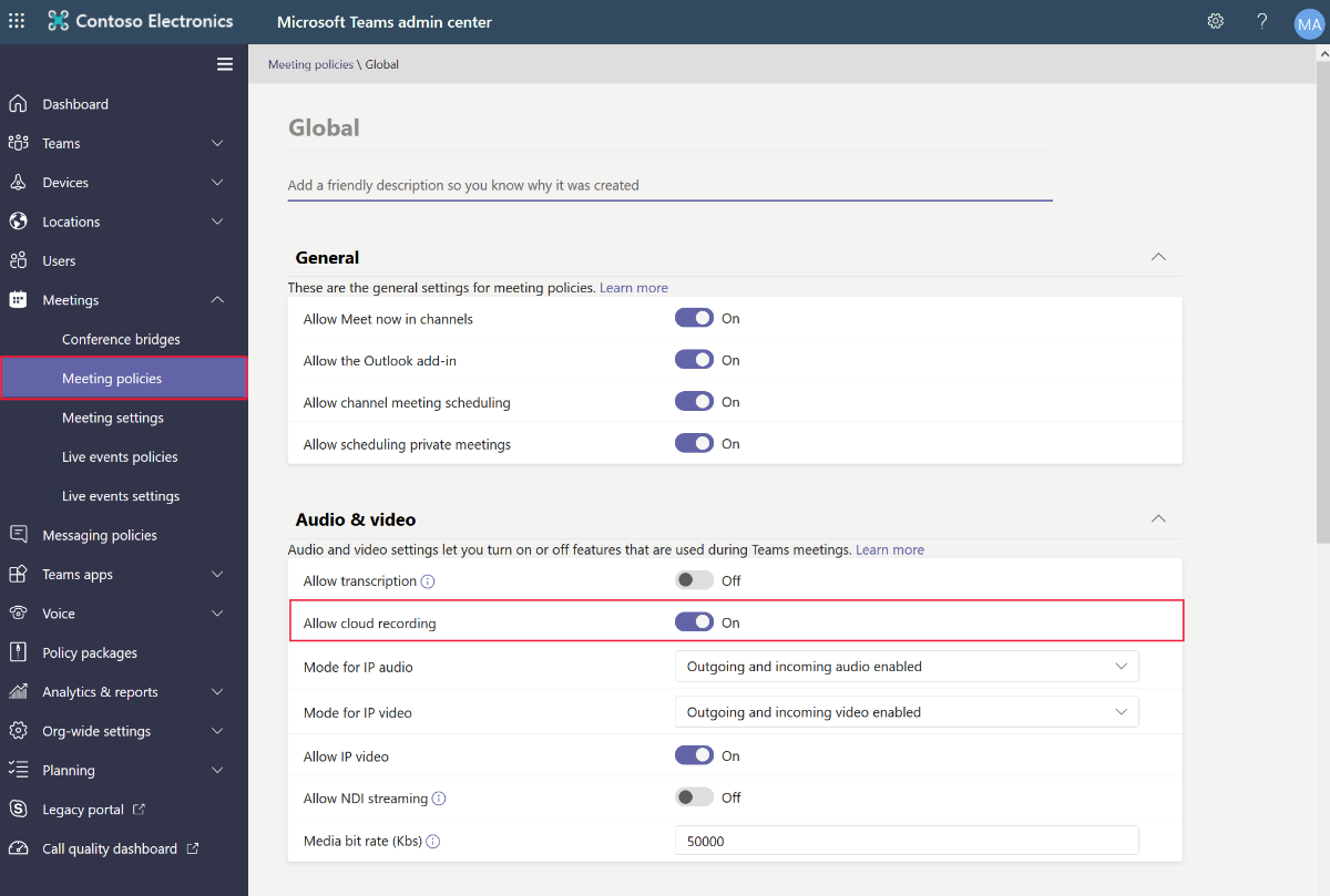 Screenshot showing the meeting policies in Teams Admin Center to allow for cloud recording.