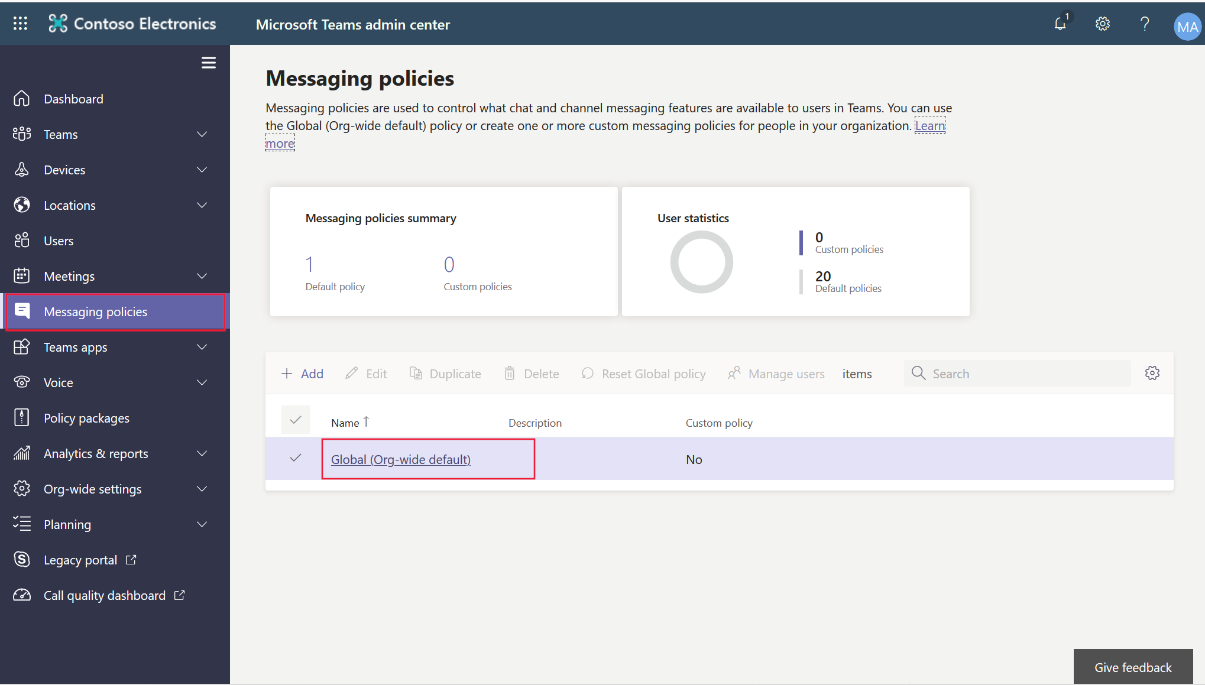 Screenshot showing the Teams admin center and setting messaging policies.