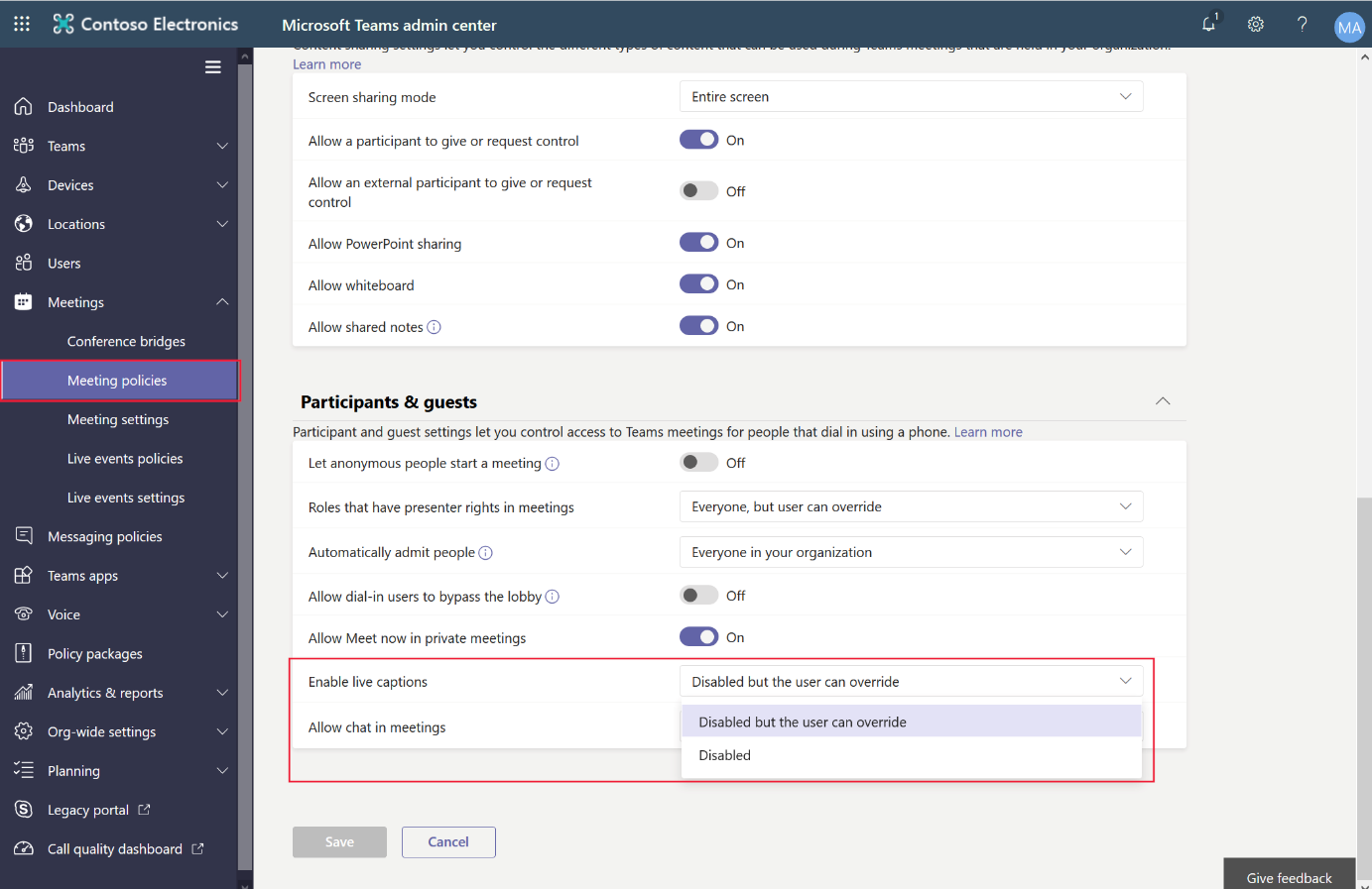 Screenshot showing meeting policies in the Microsoft Teams admin center.