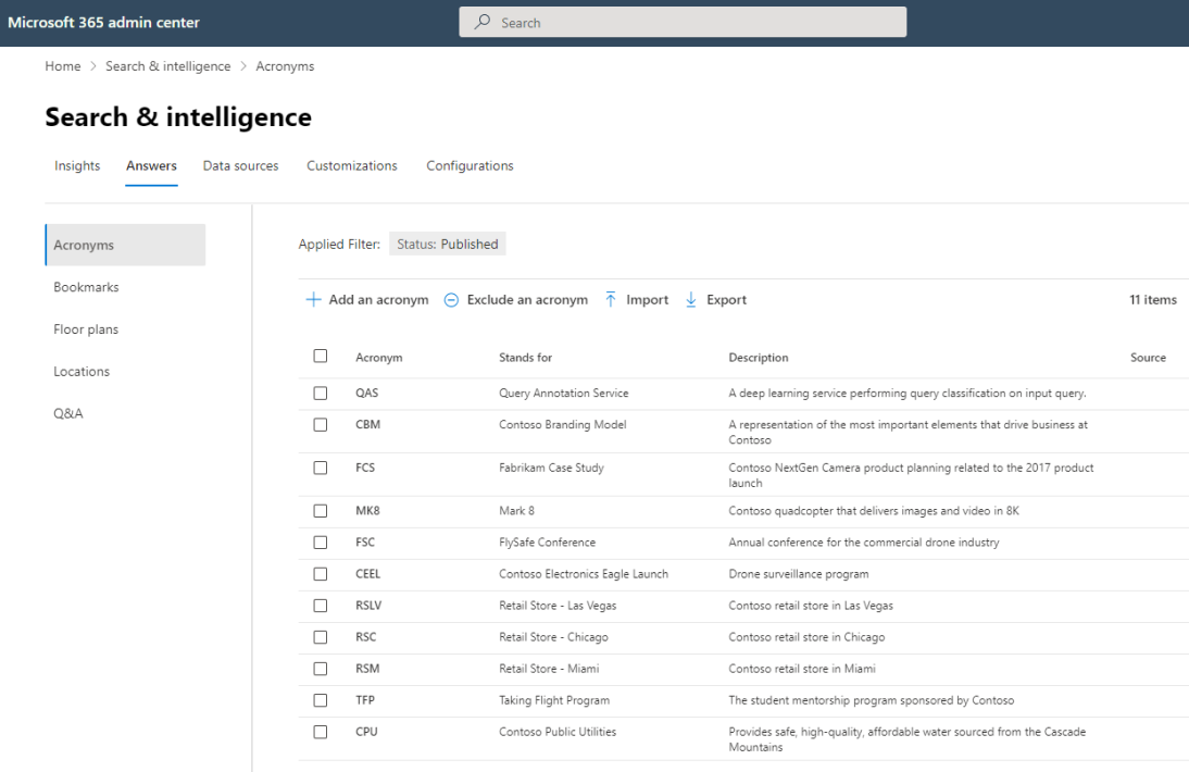 Image showing Acronyms list in the Answers section of the Search & intelligence settings.