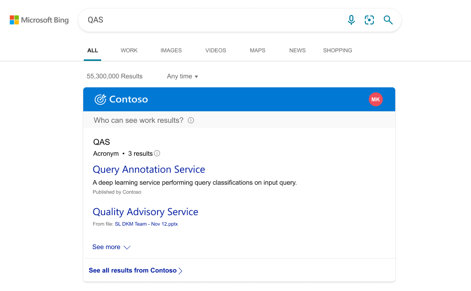 Image showing Microsoft Search acronym answer with definitions for QAS.