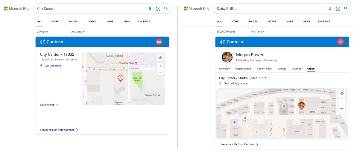 Image showing Microsoft Search Location and Floor plan answers.