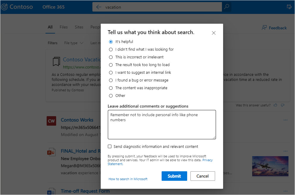 Image showing a Microsoft Search feedback dialog.