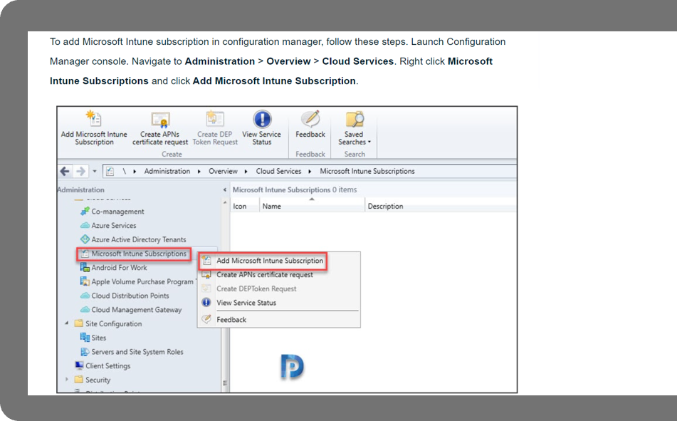 Screenshot of the configuration manager highlighting how to add a Microsoft Intune subscription.