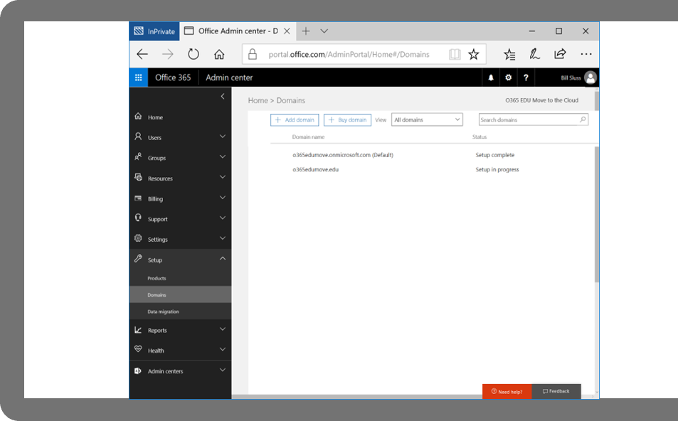 Screenshot of Microsoft 365 admin center on the domains page.