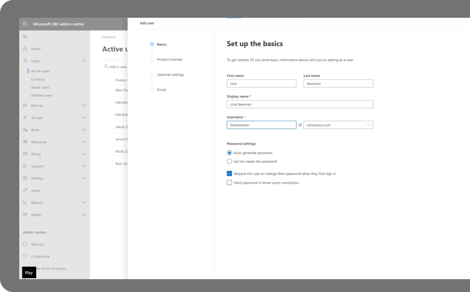 Screenshot of the set up basics box in the Microsoft 365 admin center