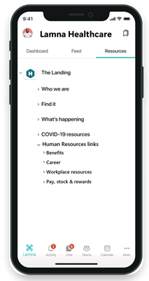 Mobile screen of Lamna Healthcare Resources tab showing links to various Human Resources links.