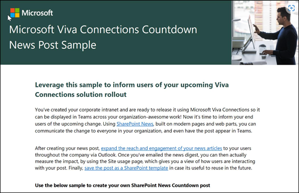 Screenshot of Microsoft Viva Connections countdown news post sample.