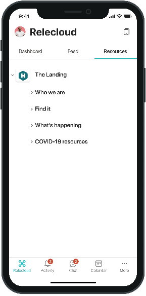 Screenshot of the Viva Connections Resources tab on a cellphone.