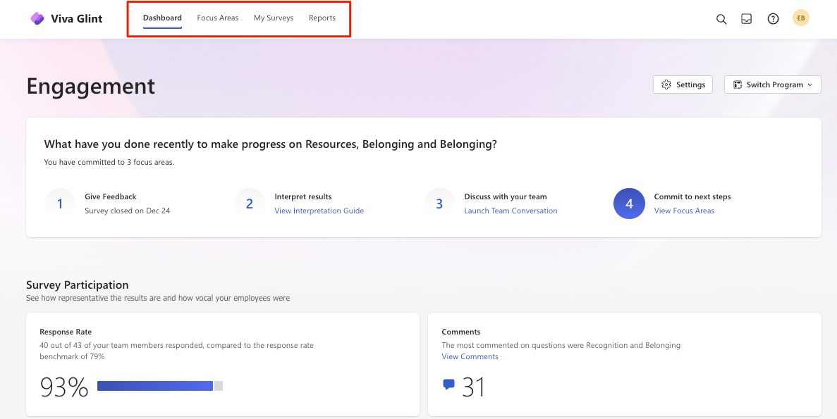 A screenshot of the pages available in the Viva Glint app.
