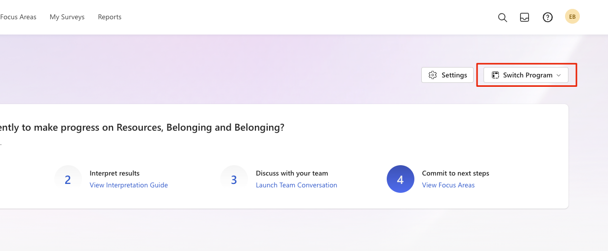 A screenshot of the Switch Program button in the Viva Glint app.
